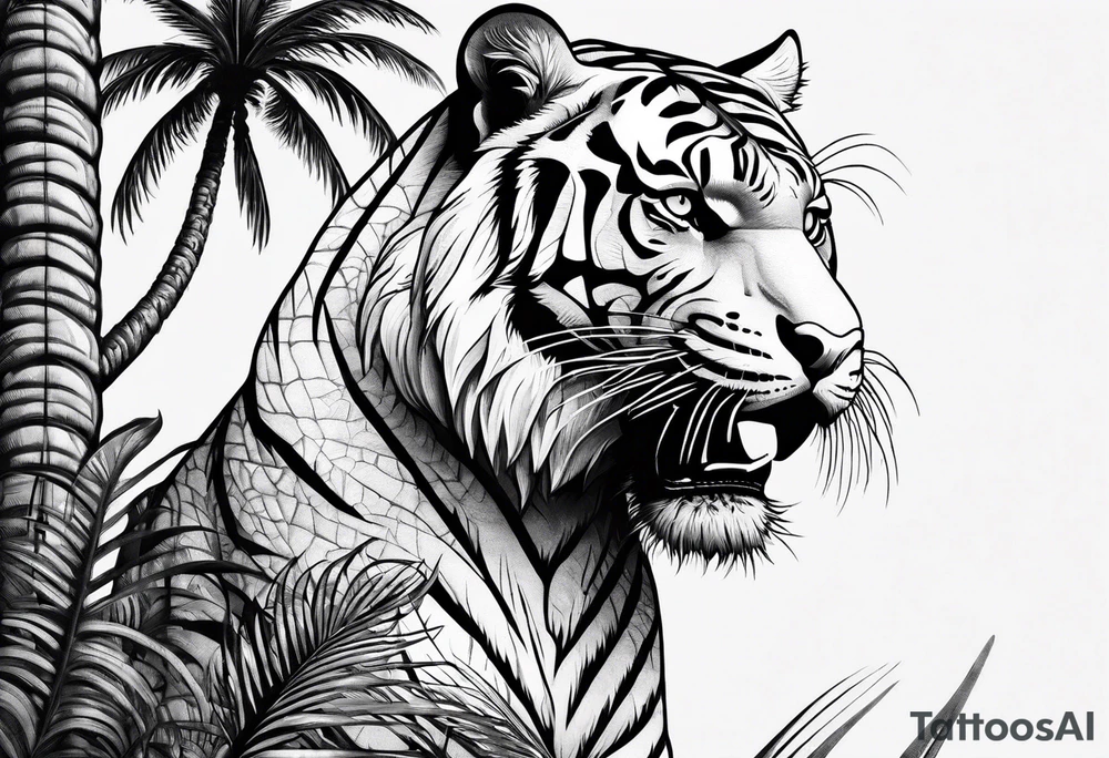 tiger climbing palm tree tattoo idea