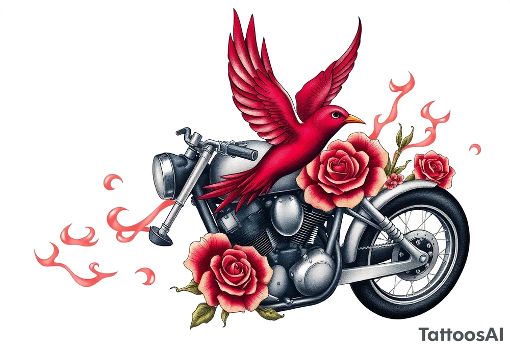 Motorcycle, red bird flying, roses and lace, flames tattoo idea
