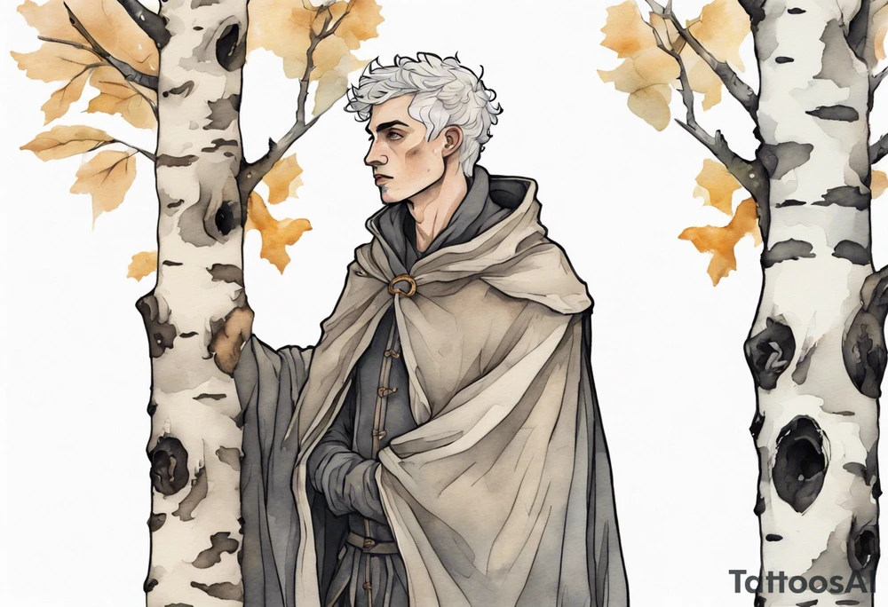 a solitary medieval Tan France wearing a grey cloak standing in a birch forest tattoo idea