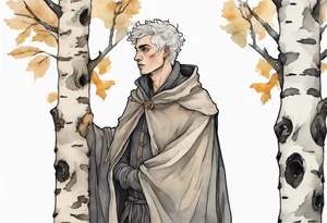 a solitary medieval Tan France wearing a grey cloak standing in a birch forest tattoo idea