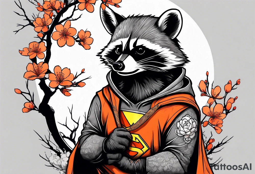 raccoon wearing a black and white Superman hoodie and orange Japanese cherry blossoms tattoo idea
