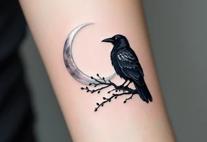 Mystic Black Crow with Crescent Moon – A sleek black crow perched on a branch, silhouetted against a silver crescent moon. Fine-line style with subtle gray shading. tattoo idea