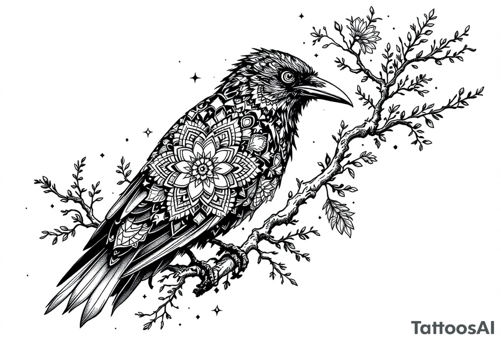left arm tattoo of a raven mandala on a branch surrounded by mandala tattoo idea