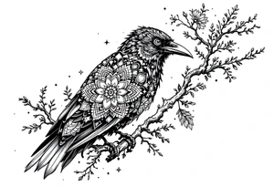 left arm tattoo of a raven mandala on a branch surrounded by mandala tattoo idea