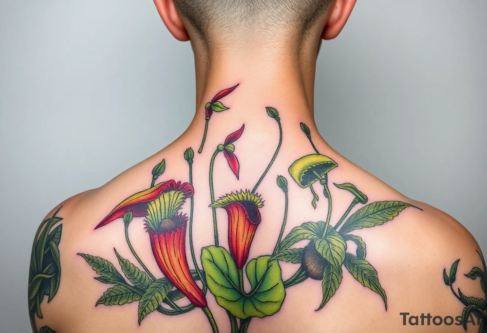 carnivorous plants neck, chest, back, and arm sleeves
I want these spots covered in these plants, ranging from venus fly traps to others tattoo idea