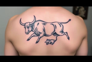 Bull chasing a rat traditional with color lower back tattoo idea