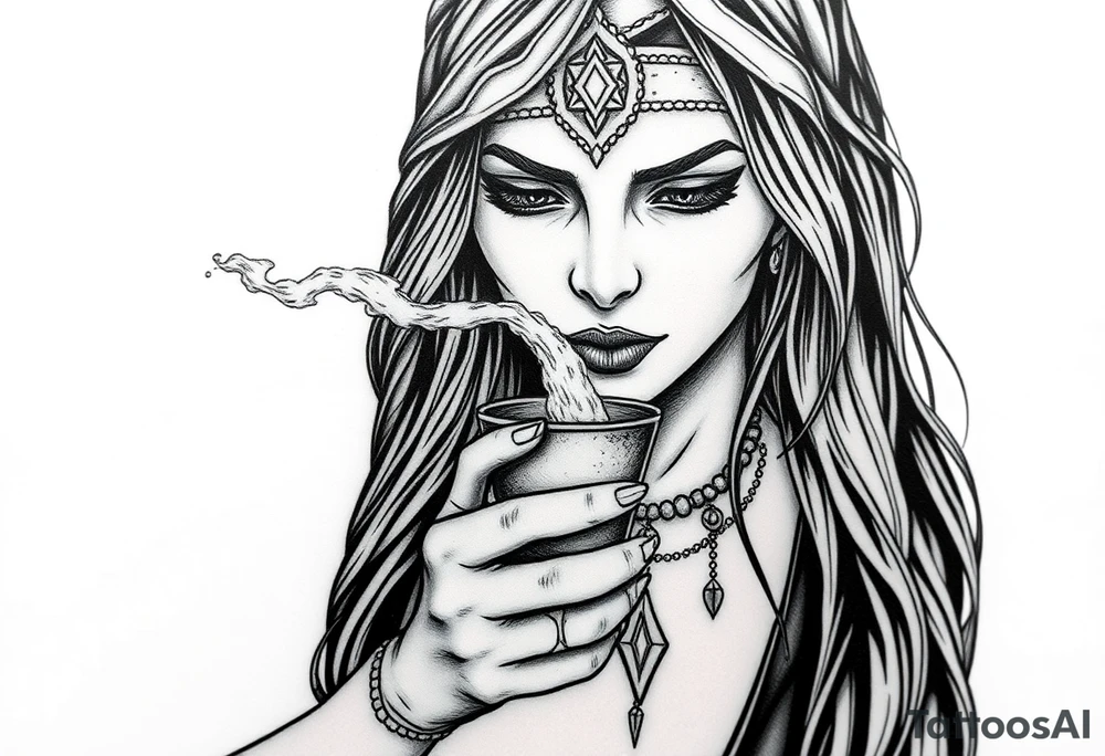 Shamanic woman facing straight, holding a cup and blowing healing dust out of the cup tattoo idea