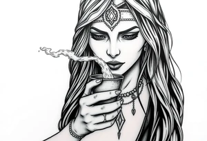 Shamanic woman facing straight, holding a cup and blowing healing dust out of the cup tattoo idea