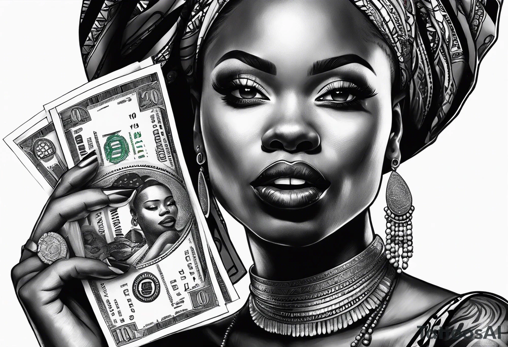 african woman biting money tattoo idea