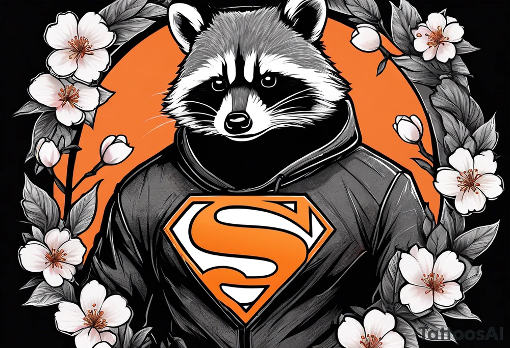 Raccoon wearing a white Superman logo on a black hoodie and orange Japanese cherry blossoms beside tattoo idea