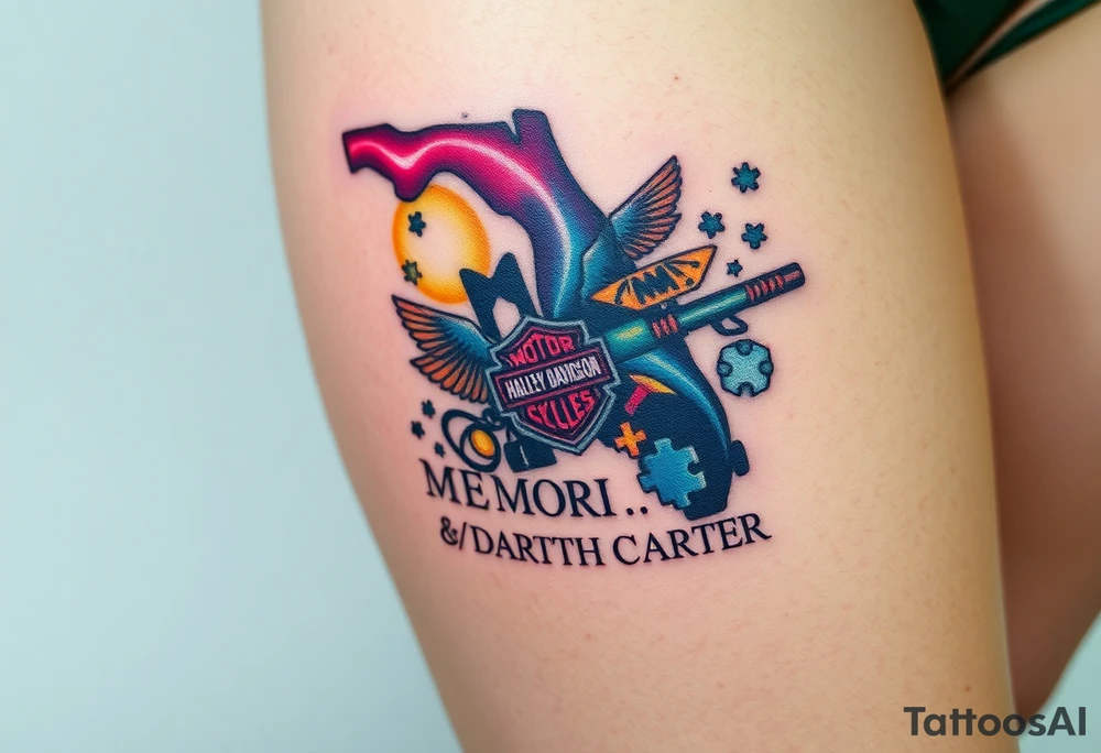 colorful futuristic memory tattoo for passed boyfriend; Florida, gulf coast water, Harley Davidson, skateboarding, puzzle pieces, video games, heaven, god, outdoors, guns, disc golf, words "MEMENTO MORI" & DARTH CARTER tattoo idea
