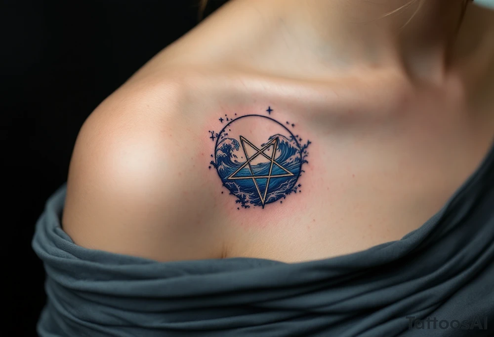 A pentagram submerged in dark water, with tiny waves and blue accents tattoo idea