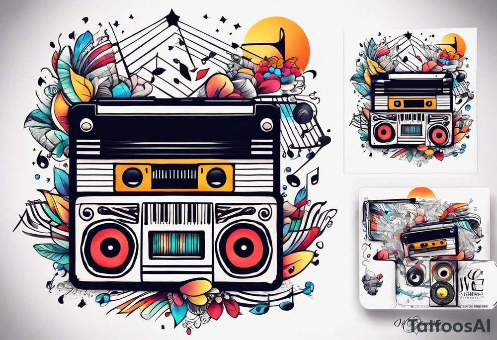 1/4 sleeve length
music notes, a cassette tape, and
instruments tattoo idea