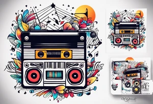 1/4 sleeve length
music notes, a cassette tape, and
instruments tattoo idea
