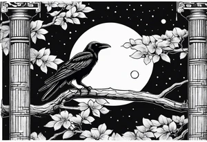 Crow moon tree Roman column ruins tattoo idea