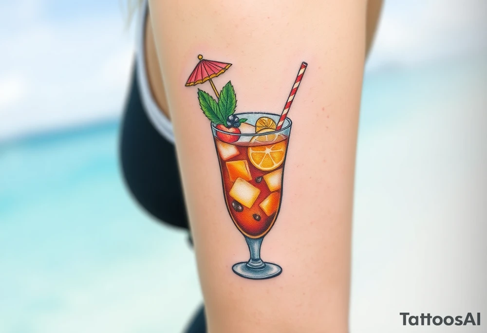 Fun island vacation cocktail in short glass with fun garnishes tattoo idea