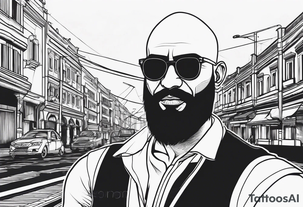 A muscular, bald, bearded, indian man within the cities he relates to- mumbai, new delhi and prague. Minimalistic geometric line tattoo tattoo idea