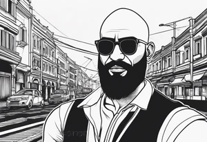 A muscular, bald, bearded, indian man within the cities he relates to- mumbai, new delhi and prague. Minimalistic geometric line tattoo tattoo idea