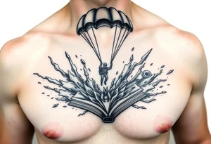 A parachuting soldier landing into an open book. Chaos surrounding, but the book is protecting the soldier from it. On the chest. Make it smaller. Thought provoking tattoo idea