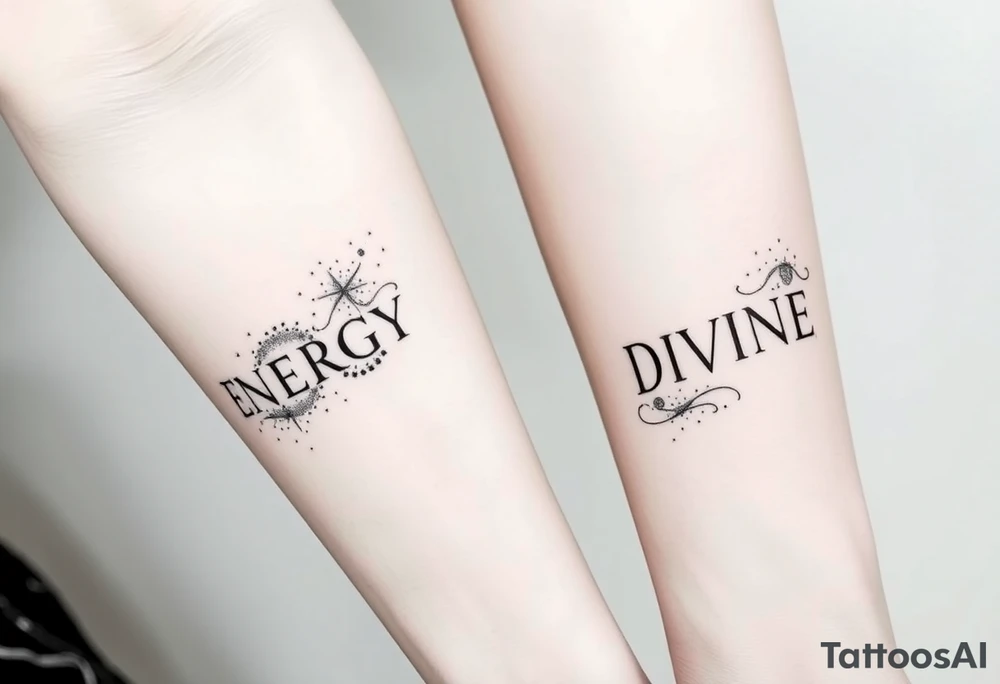 Two minimalist blackwork dotwork tattoos featuring the word ‘ENERGY’ on the left arm, balancing with ‘DIVINE’ on the right arm. Surrounding ‘ENERGY’ is a nebula or cosmic wind or stardust or a comet, designed with intricate dot shading and fine linework. The tattoo is realistic yet subtle, creating a cosmic, ethereal feel while keeping a clean, minimalist aesthetic. The elements flow naturally, complementing the shape of the arm without overpowering the text. tattoo idea