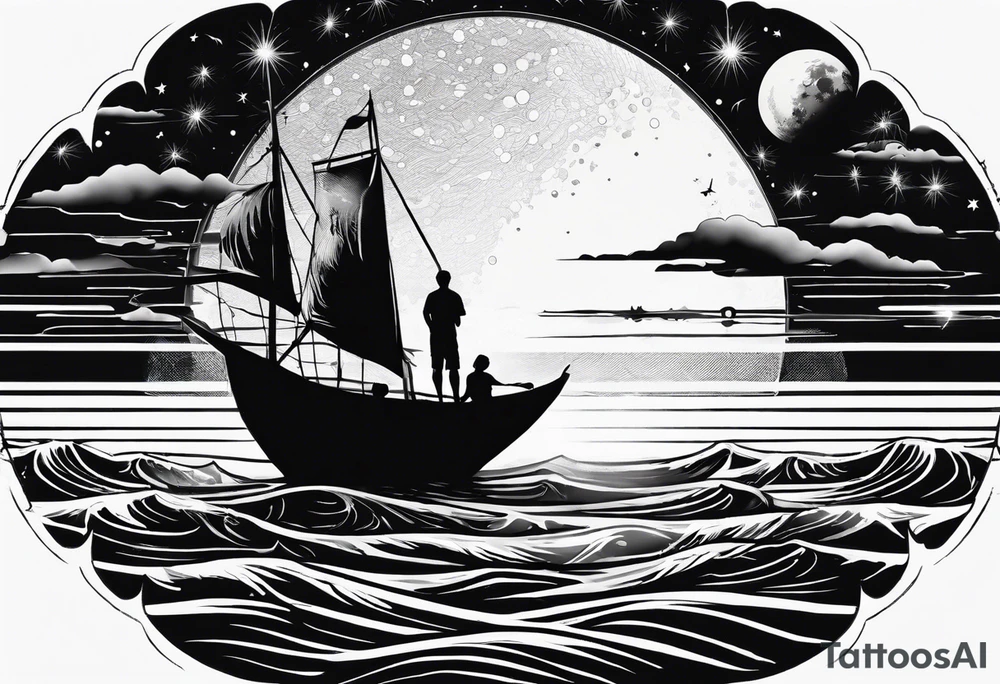 Silouhette of two people on beach water with moon tattoo idea