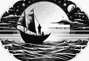 Silouhette of two people on beach water with moon tattoo idea
