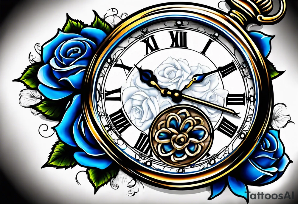 Pocket watch with blue roses tattoo idea