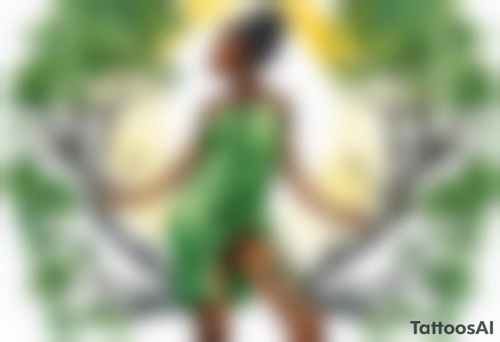 a black woman wearing a green tunic with the lower-half of a tree, her arms raised towards the sun, with legs made out of tree roots tattoo idea