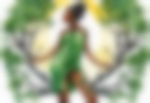a black woman wearing a green tunic with the lower-half of a tree, her arms raised towards the sun, with legs made out of tree roots tattoo idea