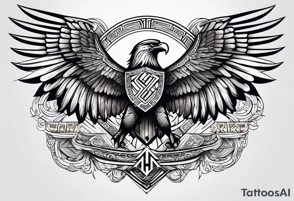 upper back and shoulder tattoo maori eagle wings with spartan helmet in middle with letters RELJA on top tattoo idea