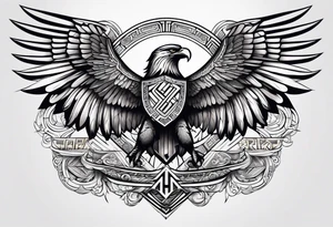upper back and shoulder tattoo maori eagle wings with spartan helmet in middle with letters RELJA on top tattoo idea