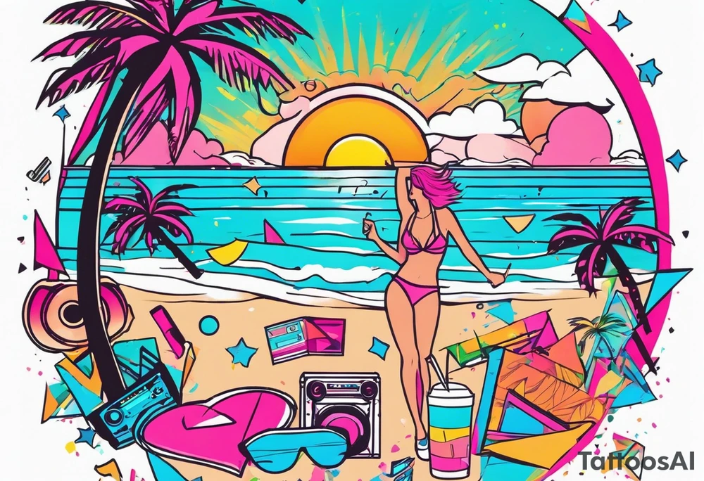 1980's miami vice style beach dance 
party, include confetti, music notes, boom box, bikinis sunset in the center tattoo idea