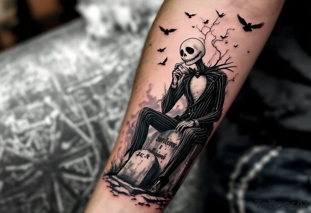 jack skellington smoking,sitting on tombstone, birds, thunderstorm tattoo idea