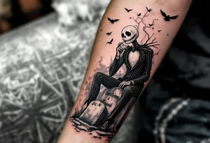 jack skellington smoking,sitting on tombstone, birds, thunderstorm tattoo idea