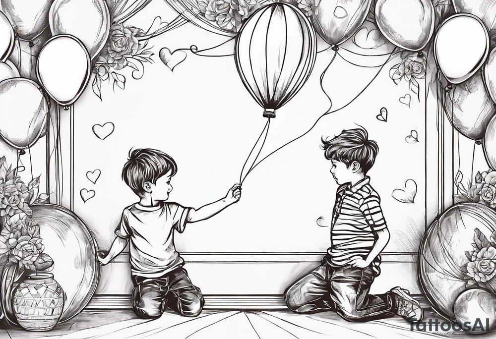 tatoo in sketch style only.
A little boy is holding a string to the hearth shaped small party baloon.
boy should be drawed from behind and has one hand reaching up in 45 degree angle and holding the baloon string
On the string is a wave which look like a hearbeat pulse.
draw it without any scenery, without any background. Just a boy 
Add heartbeat pulse on the string tattoo idea