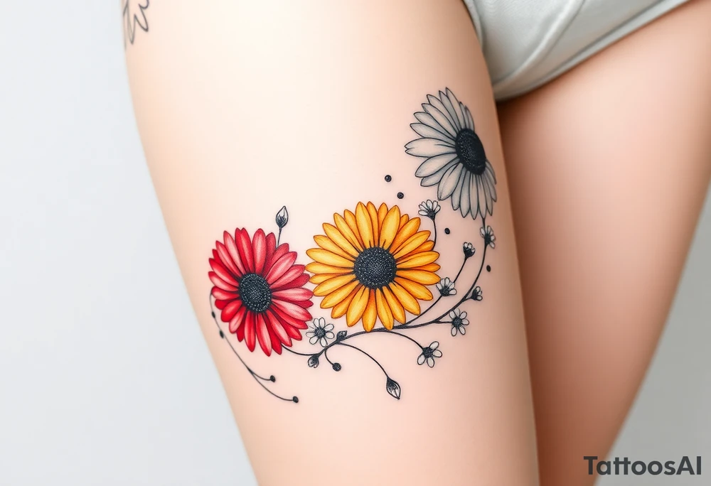 Fine line flower tattoo with three gerbera daisies (red, yellow, and orange) along with smaller white regular daisies and maybe other flowers or vines. Mix in a Celtic Serch Bythol symbol somehow and some fine line swirls, tendrils, or spirals as needed tattoo idea