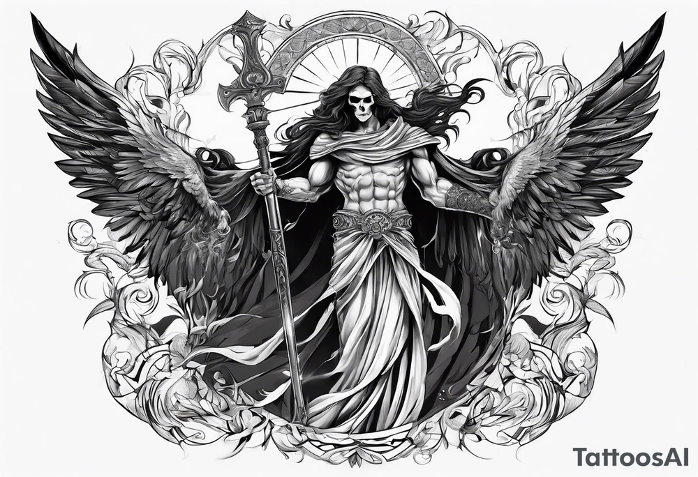 Thanatos, the greek god of death, holding a sword and a torch tattoo idea