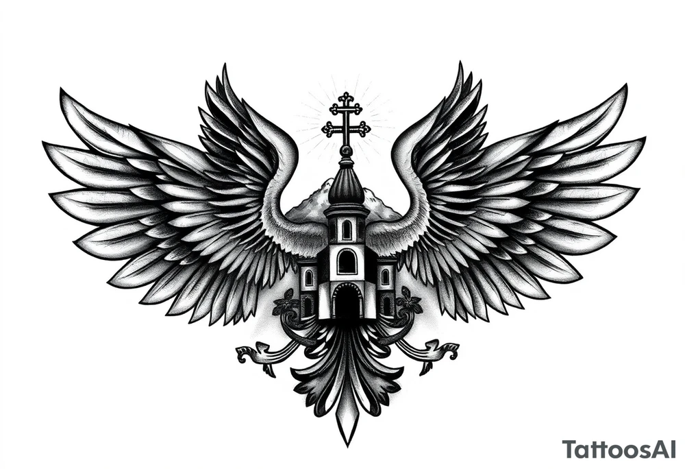 an actual russian coat of arms with both heads visible & wings spanning out on my back neck across on to my shoulders / traps with a orthodox christian church being visible in a mountainous sun beaming setting, with the russian orthodox cross spire of the orthodox church being visible on my neck with a sun beaming in the background that the cross sits inside tattoo idea
