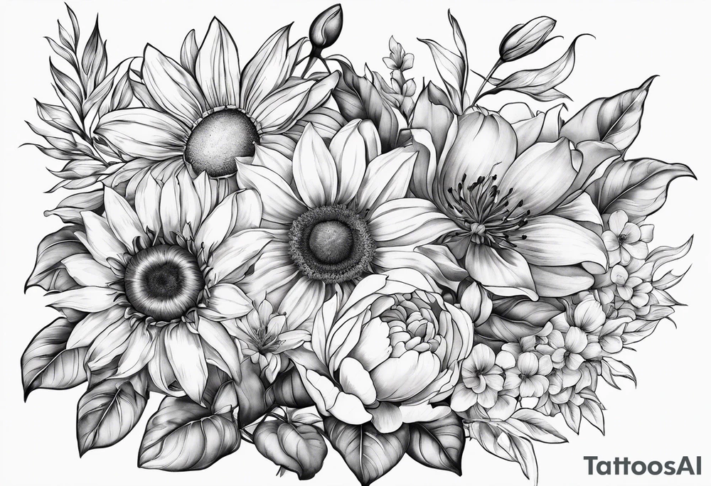 Bouquet with sunflower, lily, peony, cherry blossom and tulip tattoo idea