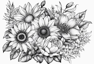 Bouquet with sunflower, lily, peony, cherry blossom and tulip tattoo idea