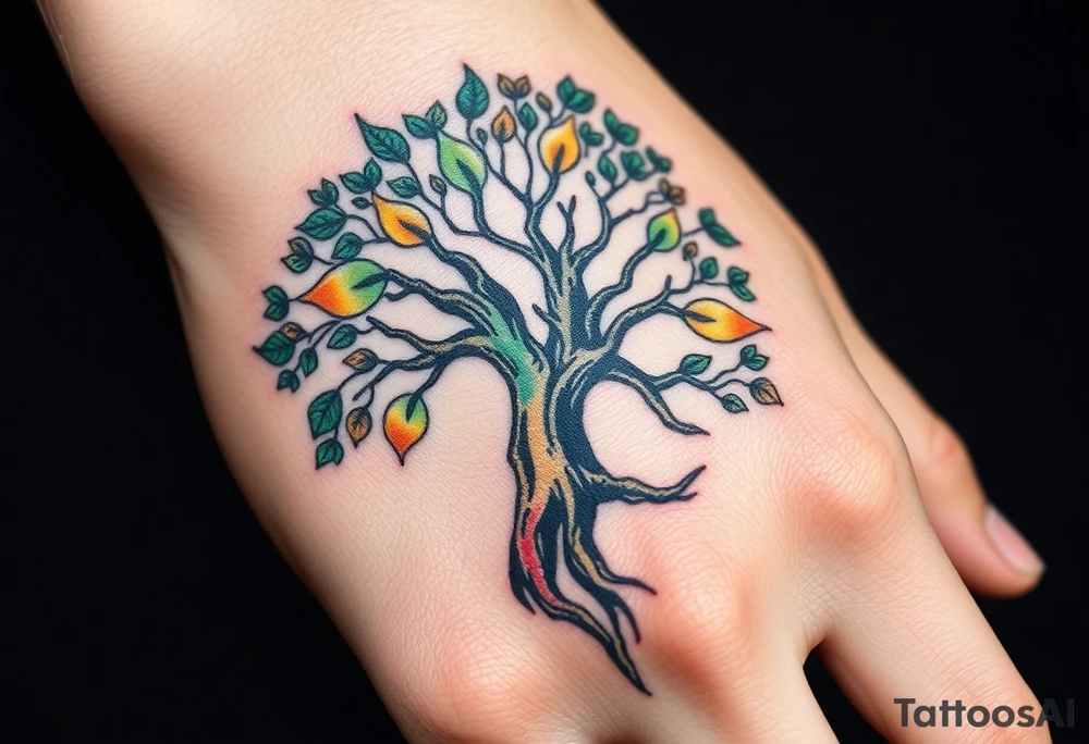 Vibrant tree of life Jamaican and Irish colours tattoo idea