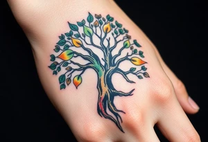 Vibrant tree of life Jamaican and Irish colours tattoo idea