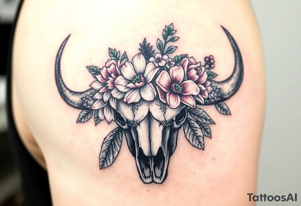 Buffalo or bison skull with flowers. Peony, snowdrop, holly with berries, larkspur, peony. Colour. For upper arm or shoulder. Masculin. tattoo idea