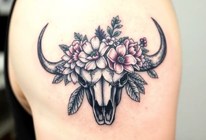 Buffalo or bison skull with flowers. Peony, snowdrop, holly with berries, larkspur, peony. Colour. For upper arm or shoulder. Masculin. tattoo idea
