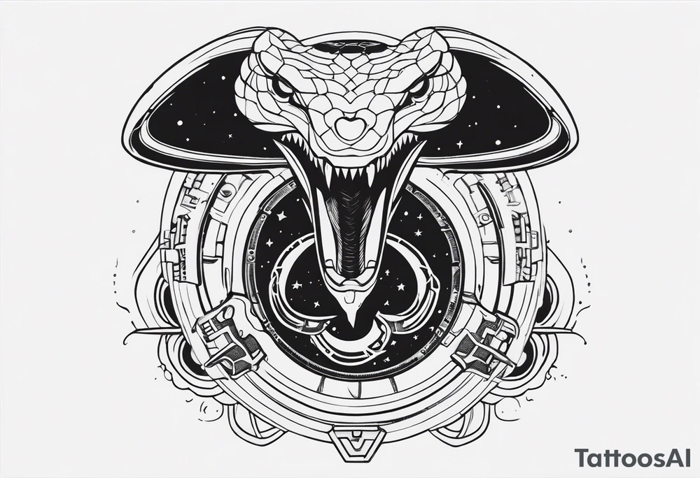 Aggresive Snake with an engine, also the design must be vertical. Also, the desing must be minimalistic not saturated. Remember the vertical proportion of the design. Within the design appears a spaceship with stars and bullets tattoo idea