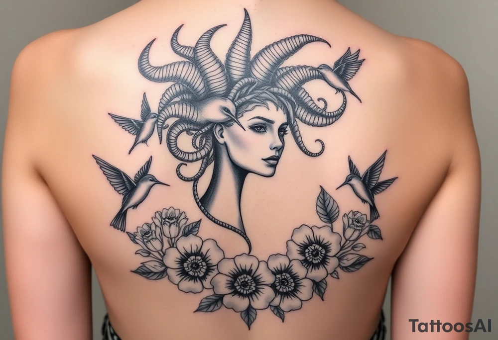 medusa surrounded by hummingbirds and flowers tattoo idea