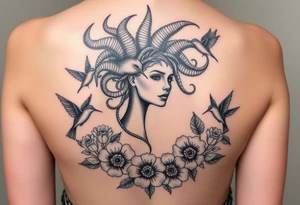 medusa surrounded by hummingbirds and flowers tattoo idea
