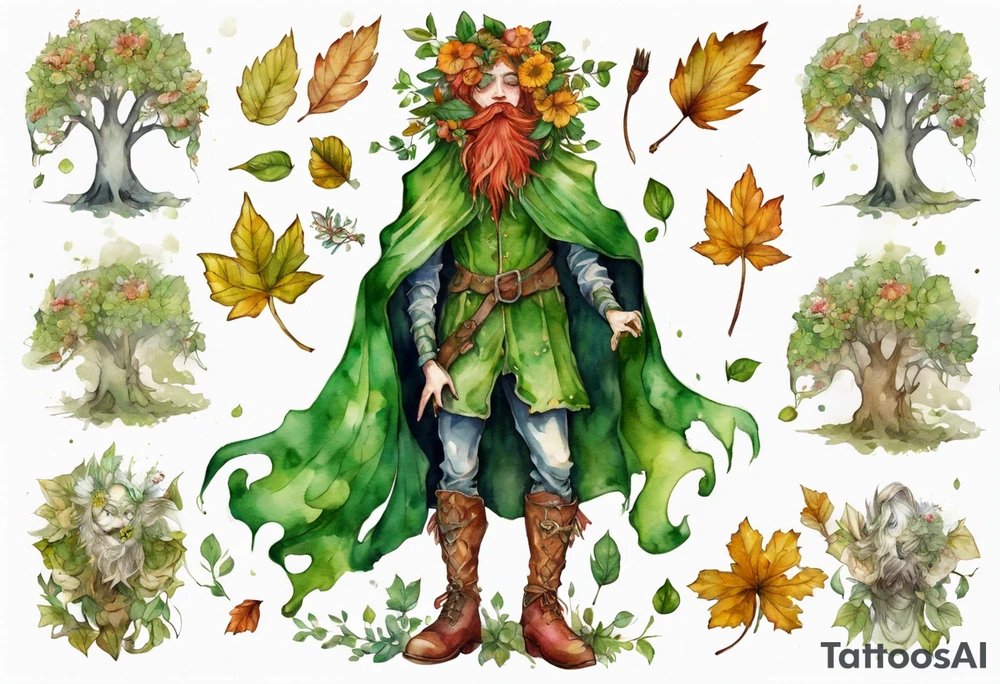 A young, beautiful tree-man hybrid with flower hair and a cloak made of leaves. Wearing floral medieval boots. Singing. tattoo idea