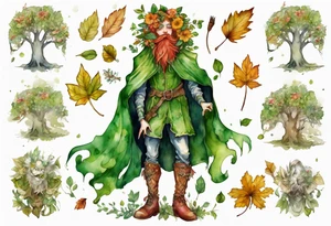 A young, beautiful tree-man hybrid with flower hair and a cloak made of leaves. Wearing floral medieval boots. Singing. tattoo idea
