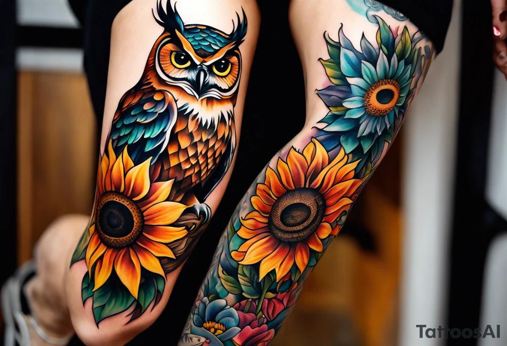 Leg sleeve with colorful sunflowers and an owl tattoo idea